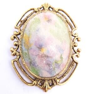 Vintage Floral Brooch Floral Filagree Gold Tone, Domed, Sparkly, Pastels 2.25x2